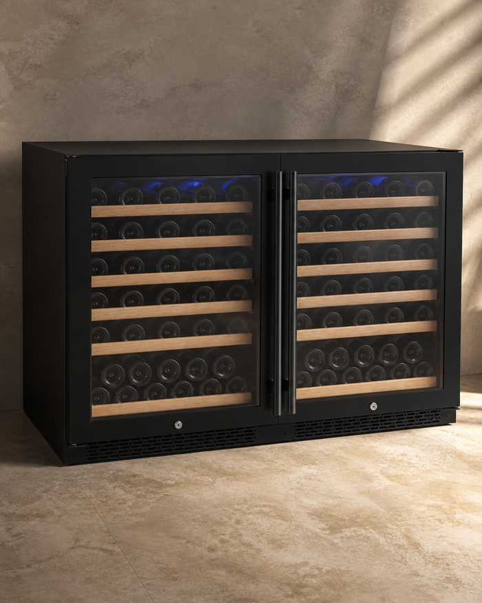 VINELOR FlexCount 112 bouteilles | Cave à vin encastrable 2 zones side-by-side porte noire — vue principale premium