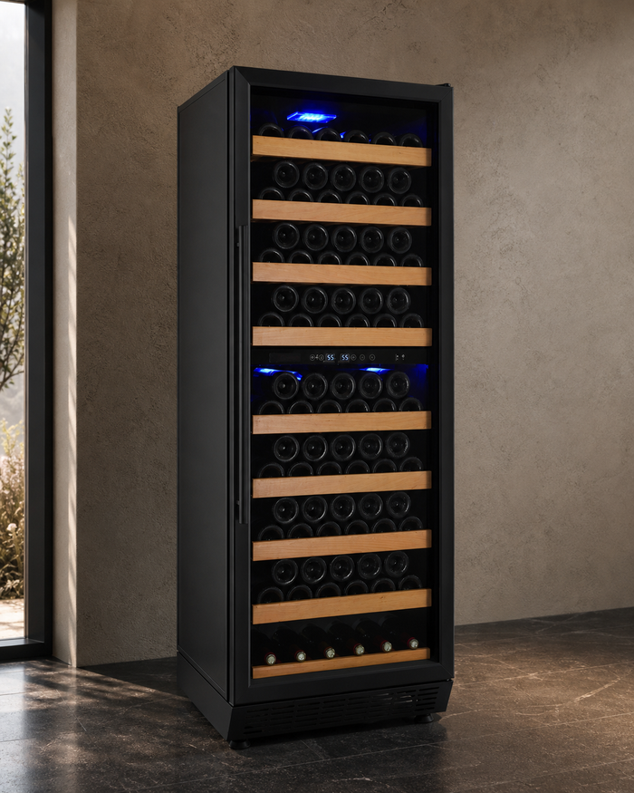 VINELOR Vite 99 bouteilles | Cave à vin pose libre 2 zones porte noire charnière droite — vue principale premium