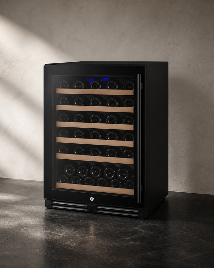 VINELOR FlexCount 56 bouteilles | Cave à vin encastrable 1 zone porte noire charnière gauche — vue principale premium