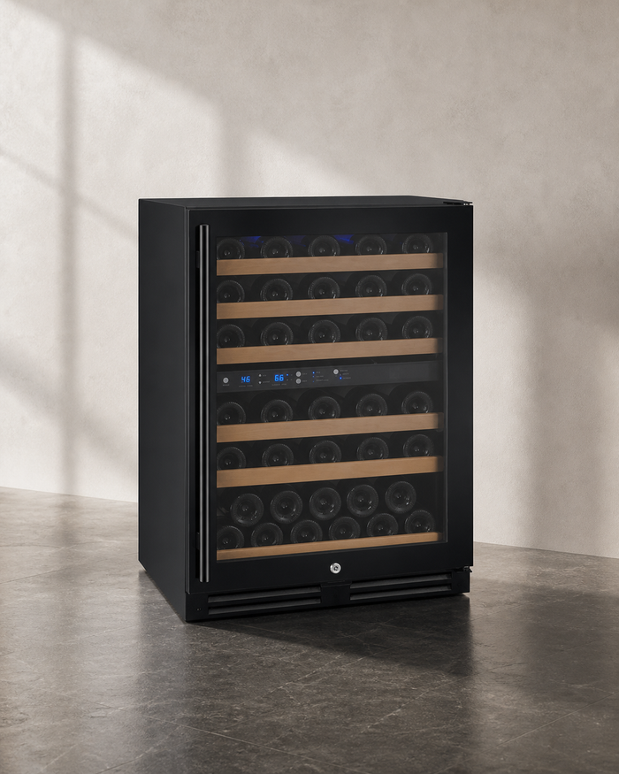 VINELOR FlexCount 56 bouteilles | Cave à vin encastrable 2 zones porte noire charnière droite — vue principale premium