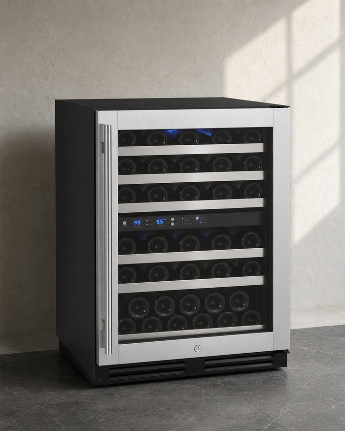 VINELOR FlexCount 56 bouteilles | Cave à vin encastrable 2 zones inox charnière droite — vue principale premium