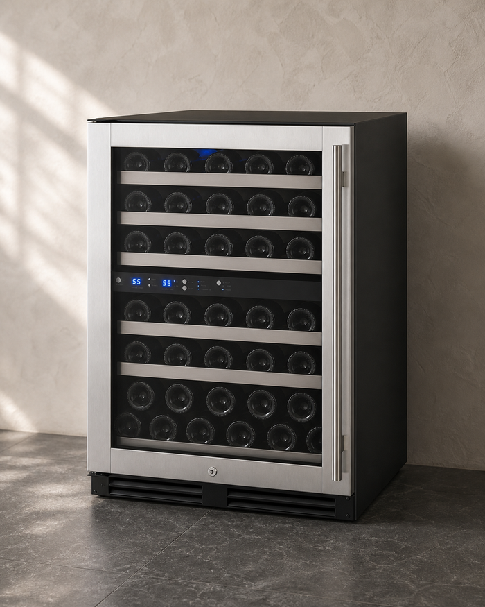 VINELOR FlexCount 56 bouteilles | Cave à vin encastrable 2 zones inox charnière gauche — vue principale premium