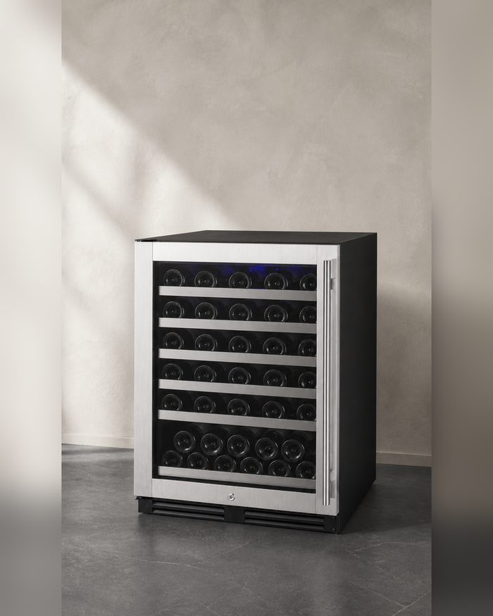 VINELOR FlexCount 56 bouteilles | Cave à vin encastrable 1 zone inox charnière gauche — vue principale premium