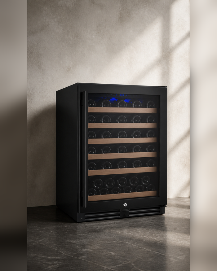 VINELOR FlexCount 56 bouteilles | Cave à vin encastrable 1 zone porte noire charnière droite — vue principale premium