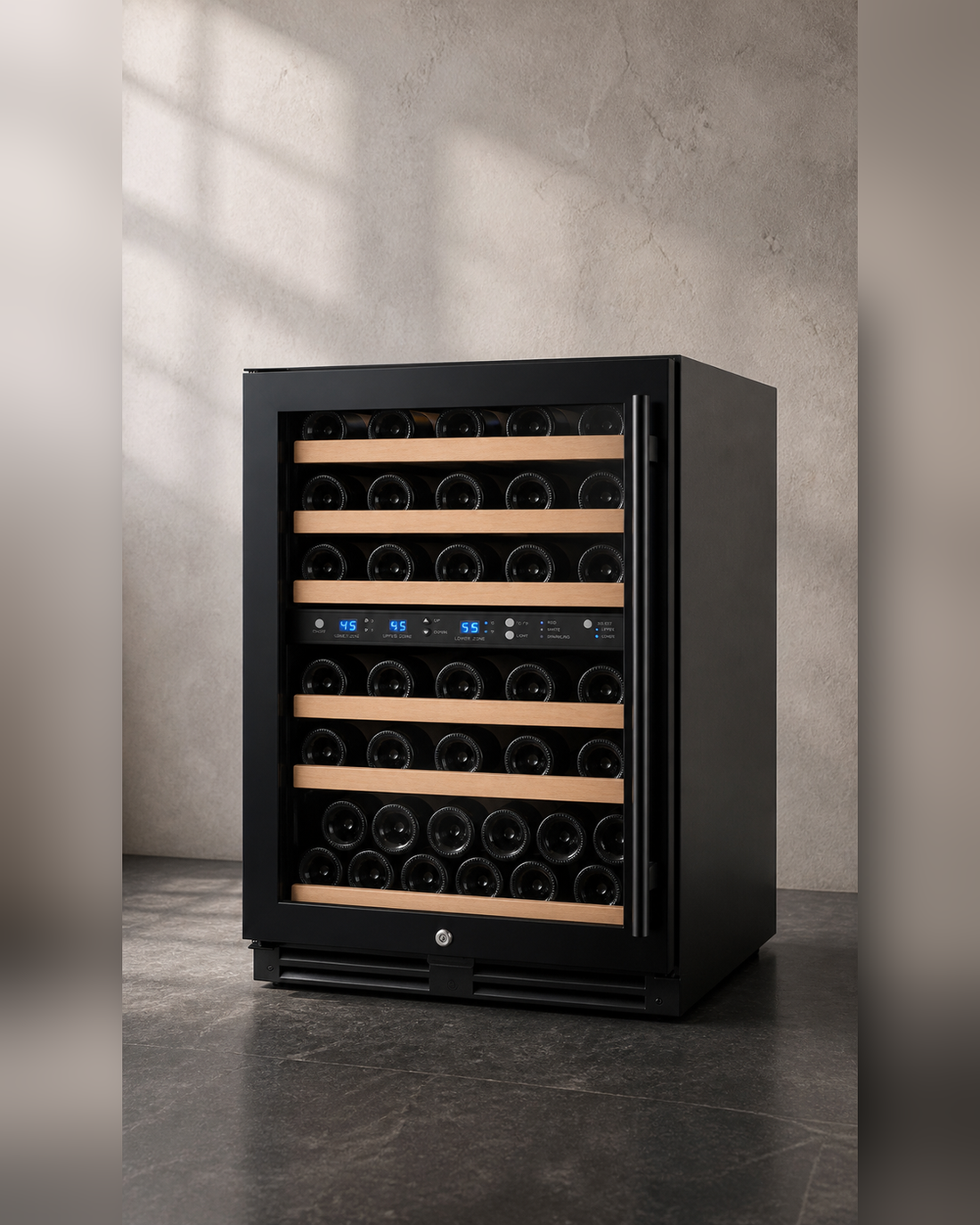 VINELOR FlexCount 56 bouteilles | Cave à vin encastrable 2 zones porte noire charnière gauche — vue principale premium